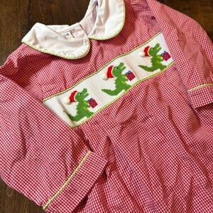 Cukees Smocked Embroidered Alligator with Santa Hat Long Sleeve Longall size 18M